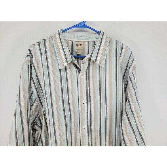 BKE Contour Button Up Shirt Men's Size XXL Stretch Brown Blue Stripes - Picture 2 of 6